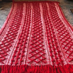 🍒 Cherry Blossom Fisherman Style Afghan w/ Fringe Hand Crocheted in Red & White